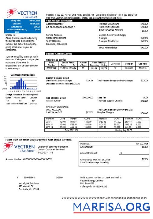 Printable USA Ohio Vectren Energy business utility bill template in Word and PDF formats